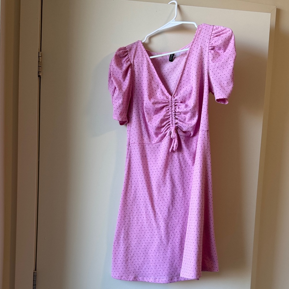HM Pink Ruched Dress with Puff Sleeves